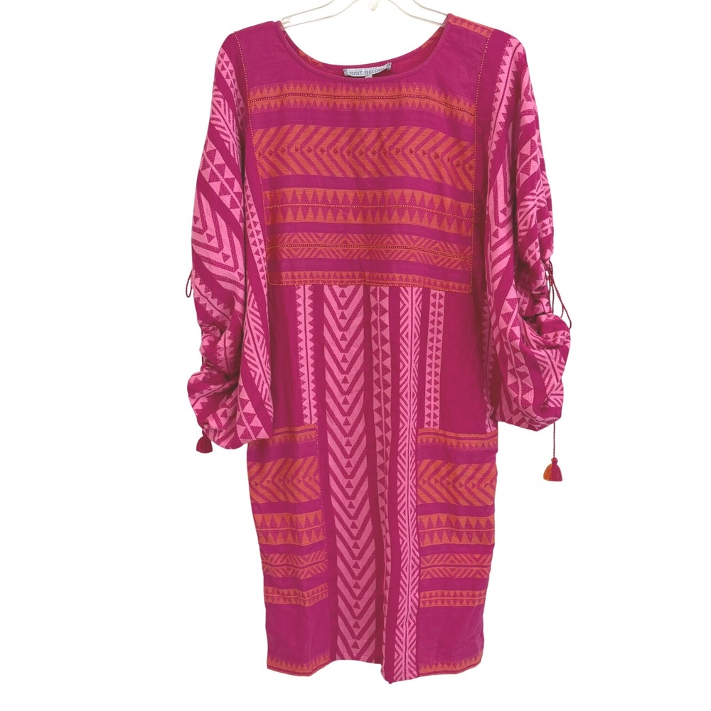 Just Bellina Fuchsia Geometric Cotton Dolman Sleeve Tassel Shift Dress Womens M